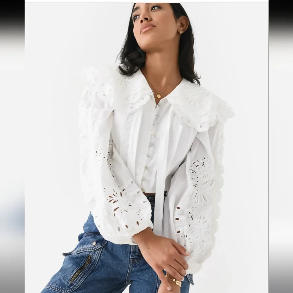 FARM RIO Richelieu Big Collar Off White Battenberg Lace Blouse M RARE SRP $240 - Picture 5 of 16